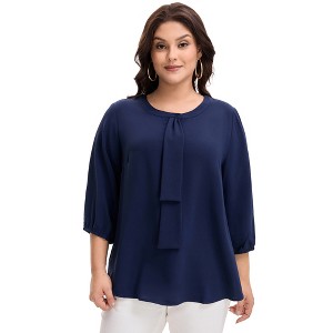 Women's Plus Size Tie Crew Neck 3/4 Ruffle Sleeves Work Office Chiffon Blouses - Agnes Orinda - 1 of 4