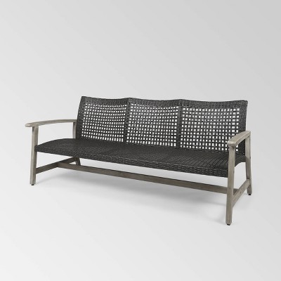 Marcia Light Gray Wood and Black Wicker Three-Seat Outdoor Sofa