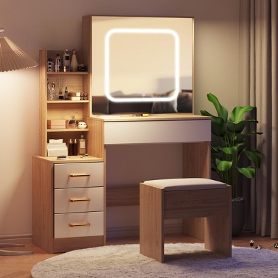 Vanity Desk with Sliding Mirror and Lights, Makeup Vanity Set with 4 Drawers, Stool, Power Outlet, Open Shelves