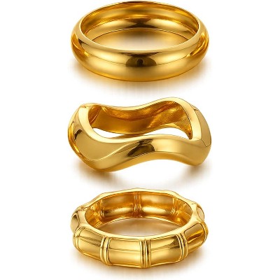 Chunky Gold Bangle Bracelets for Women - Set of 3 Dainty 14k Gold Plated Cuff Stackable Bangles, Alloy Fashion Jewelry Gifts