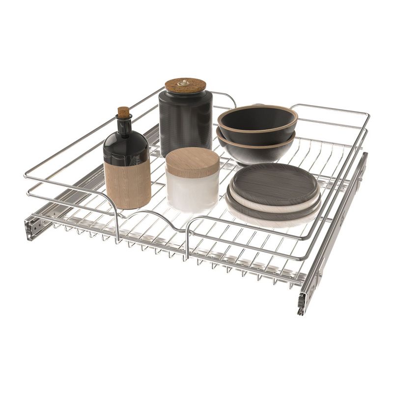 Rev-A-Shelf 5WB1-0918 Single Wire Basket Pull Out Shelf Storage Organizer for Kitchen Base Cabinets, Silver, 1 of 8