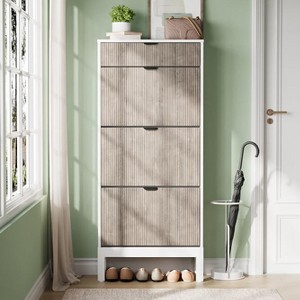 Garvee 3-Drawer Shoe Cabinet - Farmhouse Fluted Design w/Metal Legs, Slim Entryway Organizer for Foyer/Hallway, White+oak/Black+oak/White+grey - 1 of 4