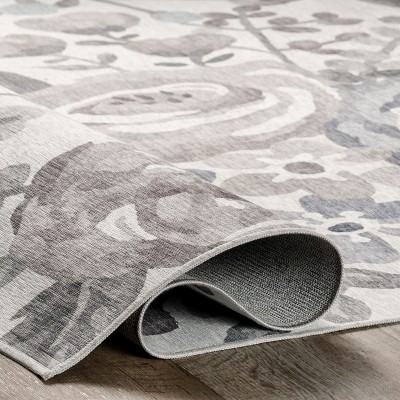 Gray Floral Washable Stain-Resistant Synthetic Area Rug 4' x 6'