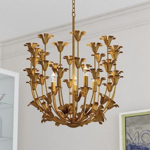 VAXCEL Camellia 5-Light 23.5 in. Wide Gilded Gold Glam Pendant with Metal Flower Shade, LED Compatible, Adjustable Height - 1 of 4