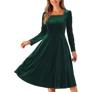 Allegra K Women's Square Neck Pocket High Waist Puff Long Sleeve Elegant Velvet Dresses - 1 of 4