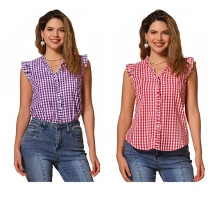 INSPIRE CHIC Women's Cap Sleeve Plaid Gingham Ruffle Shirt 2 Packs - 1 of 4