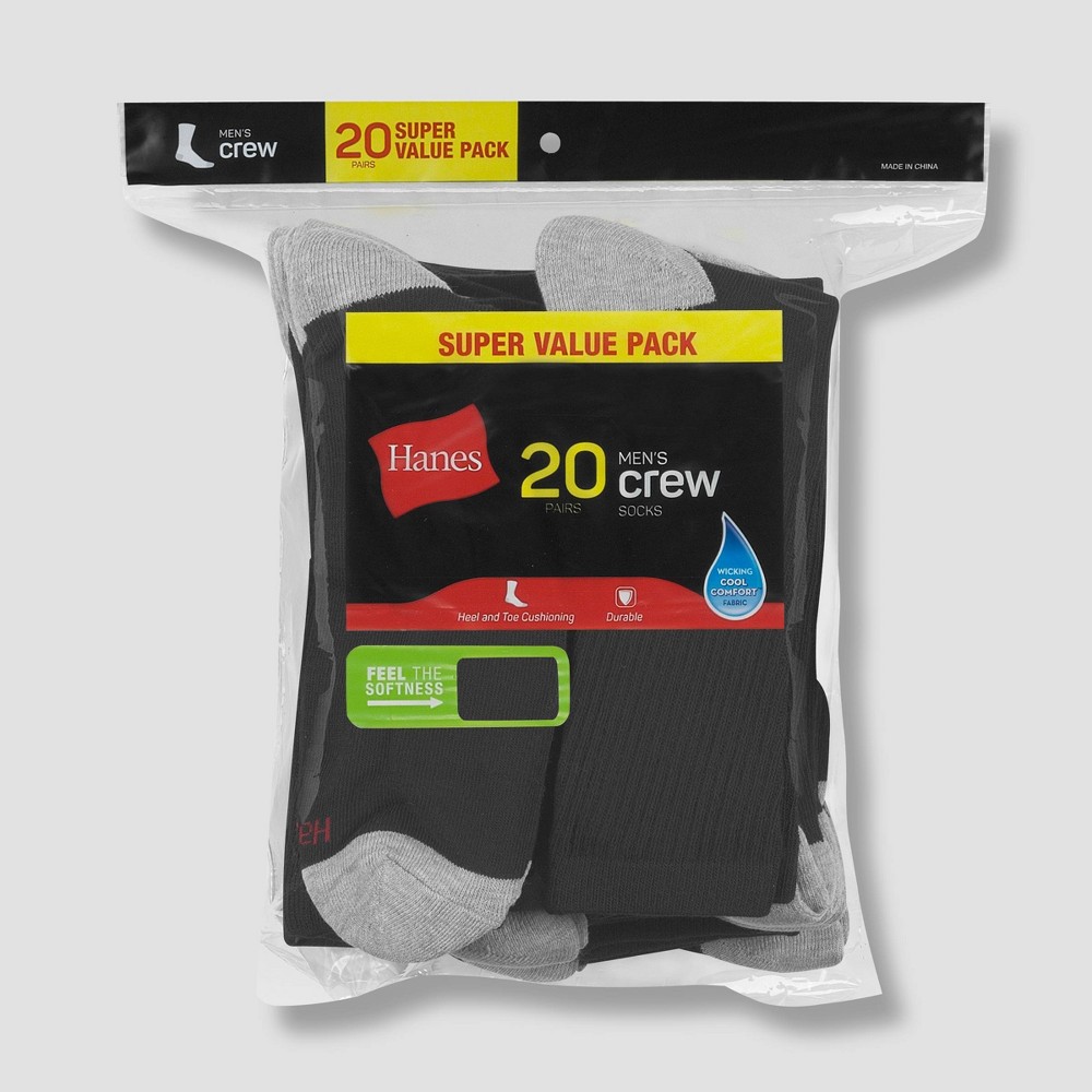 Hanes Men's Crew Super Value Socks 20pk - Black/Gray 6-12