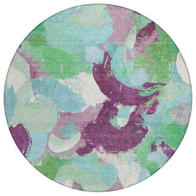 HomeRoots 8' Teal Blue Green And Purple Round Abstract Washable Indoor Outdoor Area Rug