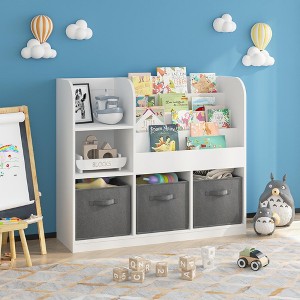 PDTEND Kids Bookshelf and Toy Storage Organizer, Multifunctional Bookcase with 3 Collapsible Fabric Drawers - 1 of 4