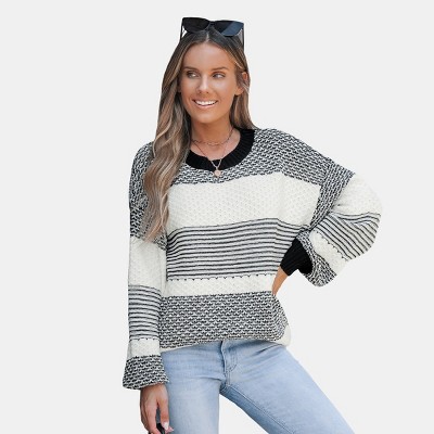 Women's Black & White Colorblock Mixed Pattern Knit Sweater - Cupshe