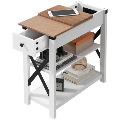 White Wood Side Table with Charging Station and Storage Shelves
