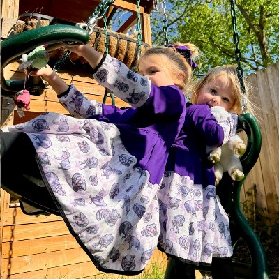 The Pink Picket Fence Lulu Hippo Twirl Dress with Scrunchie for Girls – 100% Cotton Long Sleeve Play Dress – Hand-Painted Hippo Print