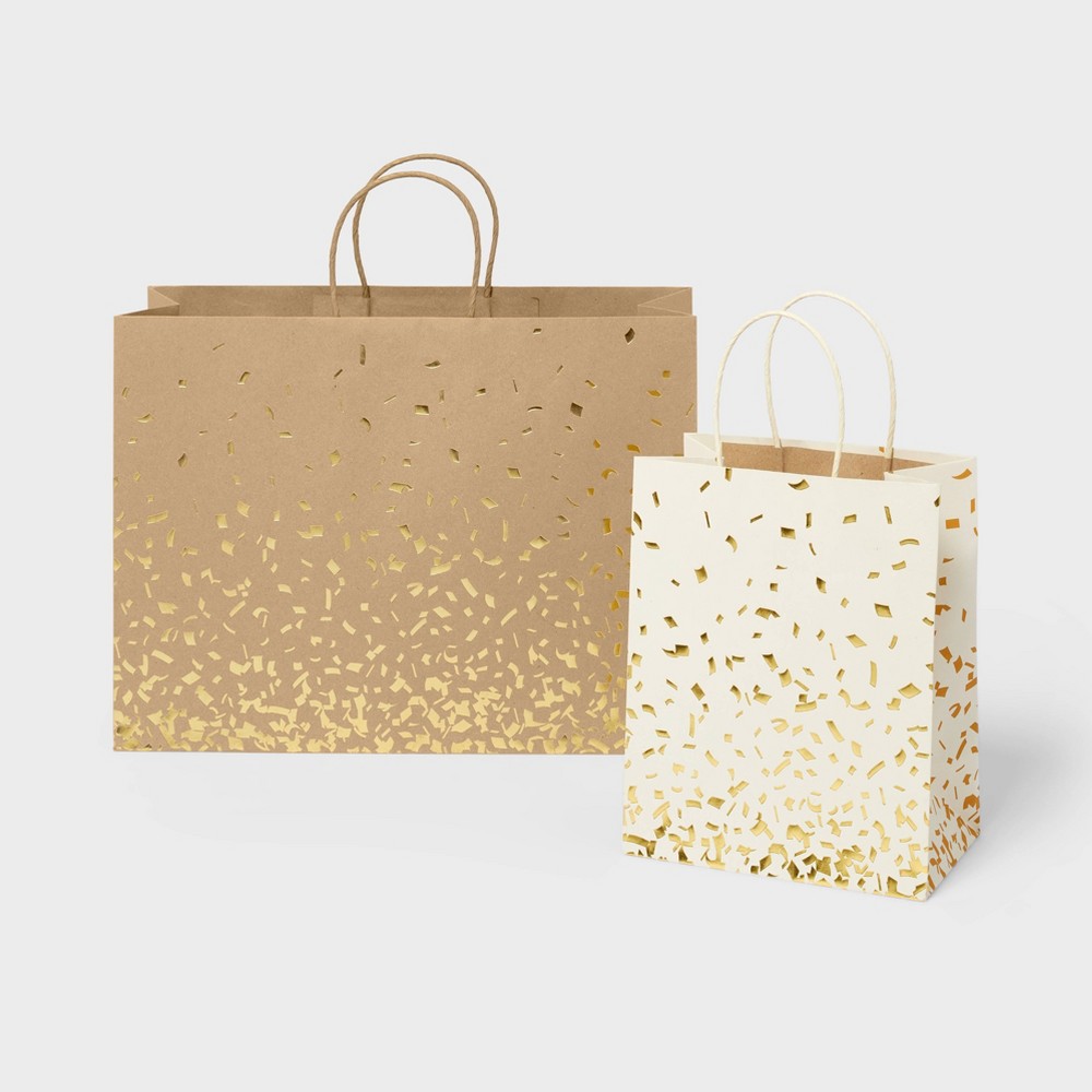 2ct Gold Foil Specks Cream/Brown Gift Bags - Spritz™: Medium Abstract Pattern, All Occasions, 12"x16"x6"