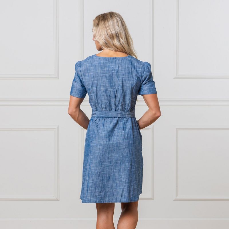 Hope & Henry Womens' Short Sleeve Button Front Chambray Dress with Waist Sash, 3 of 7