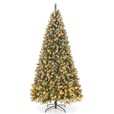 Costway 5FT/6.5FT/7.5FT Artificial Christmas Tree Hinged with 200/420/560/650 Warm LED Lights & 126/207/267/309 Red Berries