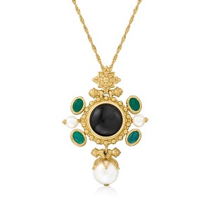 Ross-Simons Italian Cultured Pearl, Black Onyx and Green Agate Pendant Necklace in 18kt Gold Over Sterling Silver Size - 1 of 4