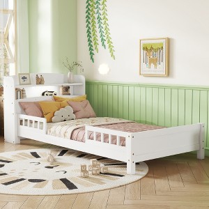 TIRAMISUBEST Twin Pine Wood Bed with Bookcase Headboard ,LED Motion Sensor Light, Guardrails - 1 of 4