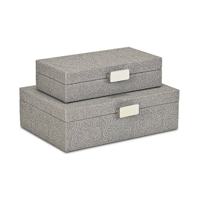 Cheung's Vyrna Doily Pattern Set of 2 Storage Boxes with Silver Handles - Gray