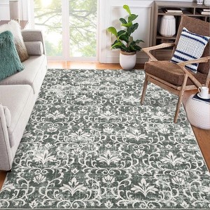 Celadon Oriental Floral Washable Runner Rug, Vintage Low Pile Carpet, Anti-Slip, Soft Non-Shedding Rug for Entryway Kitchen Hallway - 1 of 4