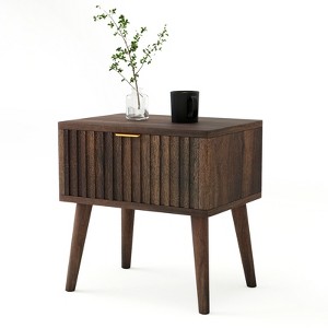MUUEGM Fluted Nightstand, Mid Century Modern Walnut Bedside Table with Drawer, 19" Solid Wood End Table for Bedroom & Living Room - 1 of 4