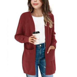 BLUEMING Girls Solid Color Knit Cardigan Long Sleeve Button Front Sweater with Pockets Adorable Loose Fit Kids Outerwear - 1 of 3