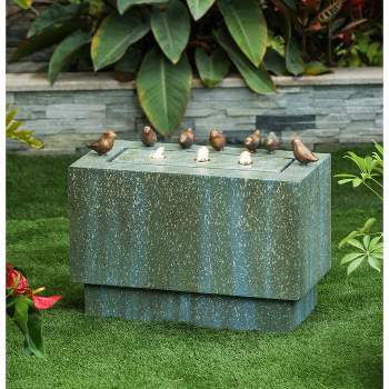 LuxenHome Patina Resin Rectangular Bubbler Outdoor Fountain with LED Lights and Bronze Birds.