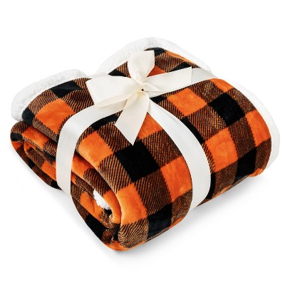 Black and Orange Buffalo Plaid Sherpa Fleece Reversible Blanket