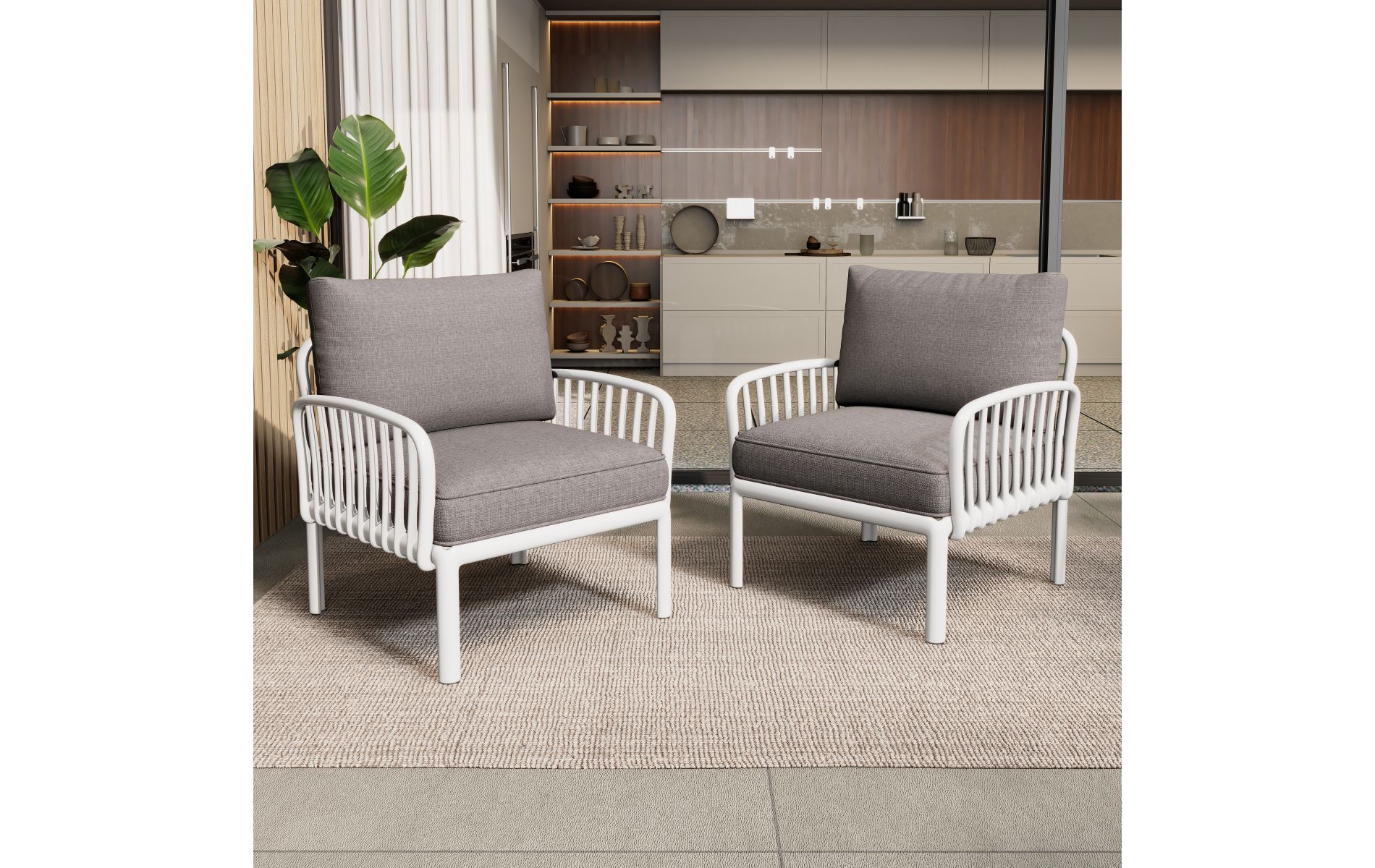 Modern Outdoor Plastic Lounge Chair with Weather Resistant Frame & Thick Cushions, Set of 2 White Patio Deep Seating-3irtyhousy