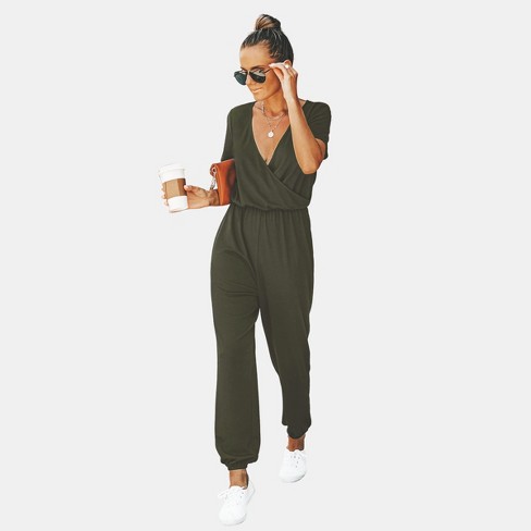 Women's Short Sleeve Wrap Loose Long Romper Jumpsuit - Cupshe-S-Olive