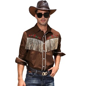 Clearlove Men’s Western Slim Fit Denim Shirt with Long Sleeves, Fringe Detailing, and Rose Embroidery - 1 of 4