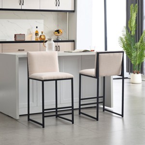 Modern Counter Height Bar Stools set of 2,Bar Stool Chair with Ivory Upholstered Linen Cushions and Minimalist Craft iron Racks Legs-Tanpinhause - 1 of 4