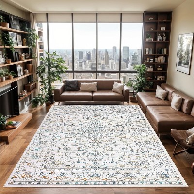 Machine Washable Vintage Area Rugs – Non-Slip Low Pile Rug with Rubber Backing,Living Room & Dining Room