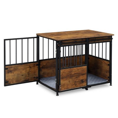 Munora Large Medium Wooden Dog Crate Furniture with Cushion, Heavy Duty Kennel with Double Sliding Doors, Rustic Brown Pet House Side End Table Indoor
