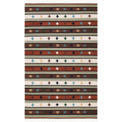 Ivory and Rust Wool Flat Woven Handmade Kilim Rug, 3' x 5'