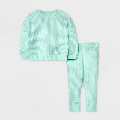 Image of Baby Long Sleeve Waffle Top & Bottom Set - Cat & Jack™ Mint Green 6-9M