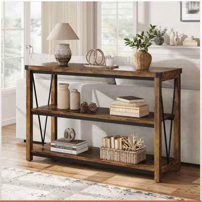 Homhougo Farmhouse Entryway Table,47 Inch Narrow Long Console Table with Storage Brown