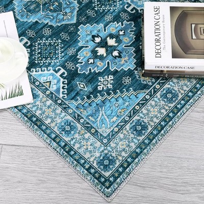 Blue Floral Chenille Washable Non-Slip 8' x 10' Area Rug