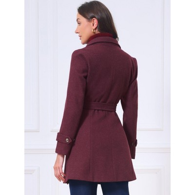 Женские куртки INSPIRE CHIC Women's Lapel Collar Long Sleeves Double-Breasted Elegant Office Work Pea Coats with Belt Small Burgundy — фото 3