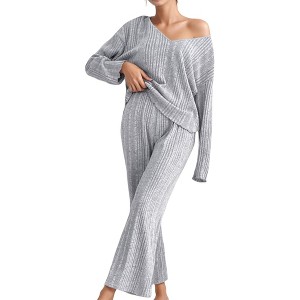 Anna-Kaci Lounge Women's Ribbed Knit Long Sleeve Crop Top and High Waist Lounge Pants Two Piece Set - 1 of 4