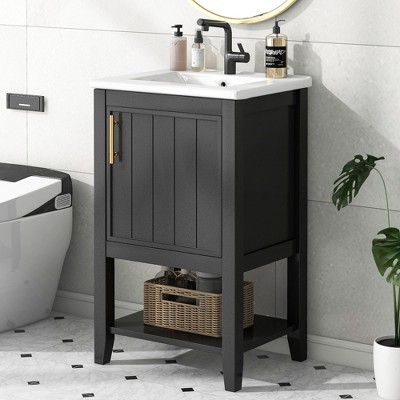 ALEXOUN 20" Small Bathroom Free Standing Single Basin Vanity with Ceramic Sink,Bathroom Storage Cabinet with Door and Storage Rack & Open Shelf