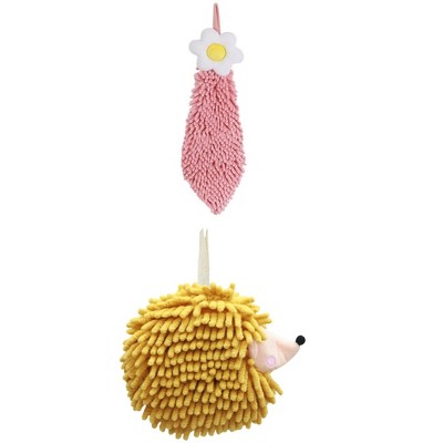 REGALWOVEN 2 Packs Chenille Hand Towel Flower and Cute Cartoon Hanging Hand Towel for Bathroom 6" x 15"/7" x 7"
