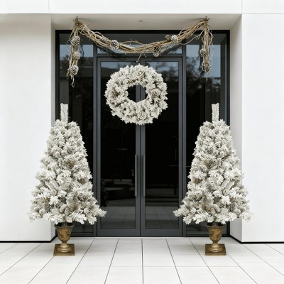 Artificial Christmas Tree Set Pre-Lit Flocked with Garland Wreath Entrance Trees Holiday Christmas Decoration for Indoor Outdoor Home Festival Decor