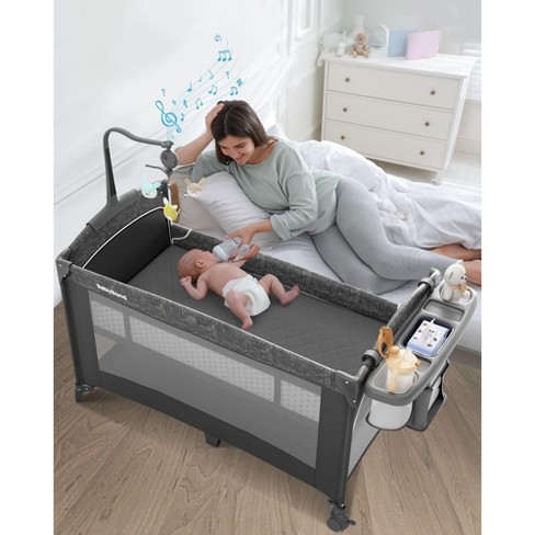 BabyBond All in 1 Baby Playard Bassinet Bedside Crib Pack and Play with Sheet Diaper Changing Table Portable Large Playard Gray