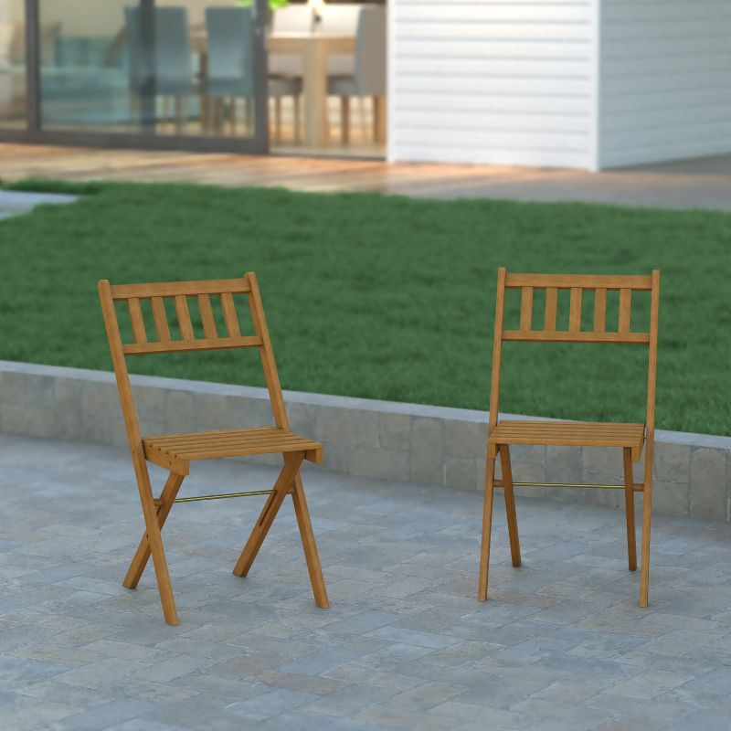 Emma and Oliver Set of 2 All Natural Weather Resistant Acacia Wood Folding Patio Bistro Chairs in a Natural Finish with Protective Teak Oil Layer, 2 of 12