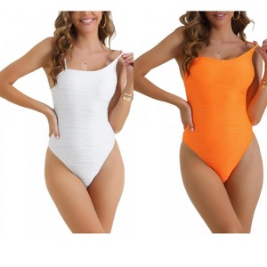 INSPIRE CHIC Women's Strappy Ribbed Monokini Adjustable Spaghetti Straps Triangle Bottoms Bikini Swimwear 2 Sets - 1 of 4