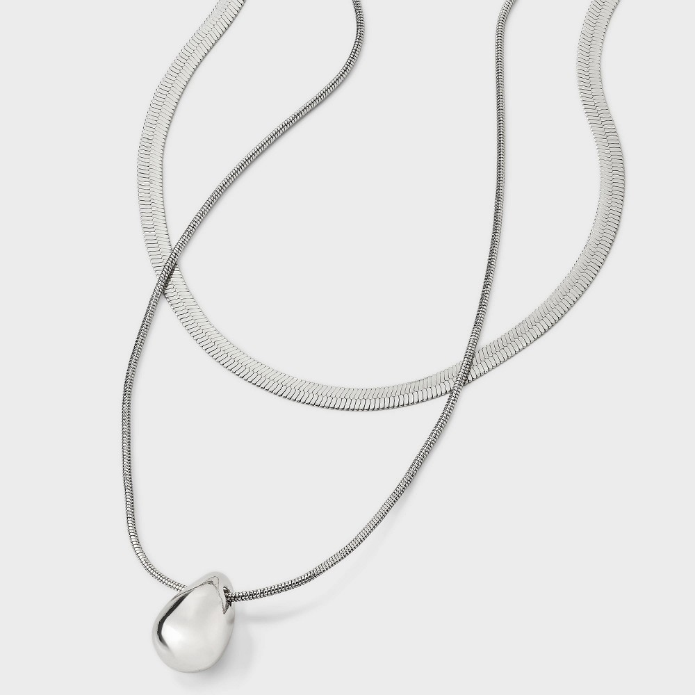 Organic Droplet Pendant with Herringbone Chain Multi-layer Necklace - A New Day™ Silver