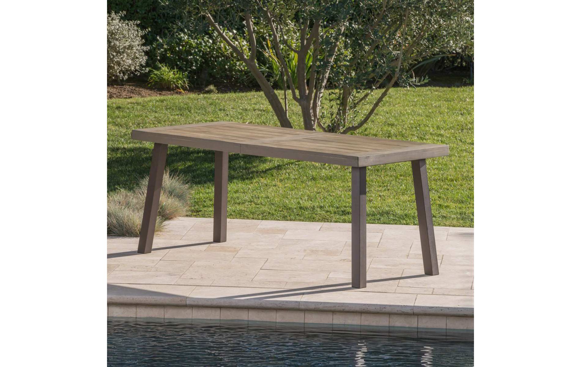 69'' Modern Industrial Gray Acacia Wood Patio Dining Table,Metal Rectangle Kitchen Dining Table for 6,Outdoor Dining Table for Garden Deck-Coolbibila