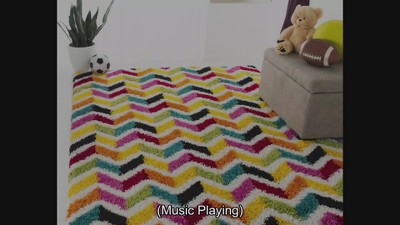 Ivory and Multicolor Chevron Shag Kids Area Rug 3' x 5'