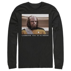 Men's Star Trek: The Next Generation Worf Judging You in Klingon Long Sleeve Shirt - 1 of 4