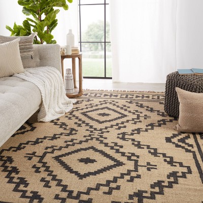 Jaima Tribal Medallion Flatwoven Wool Area Rug in Black and Beige